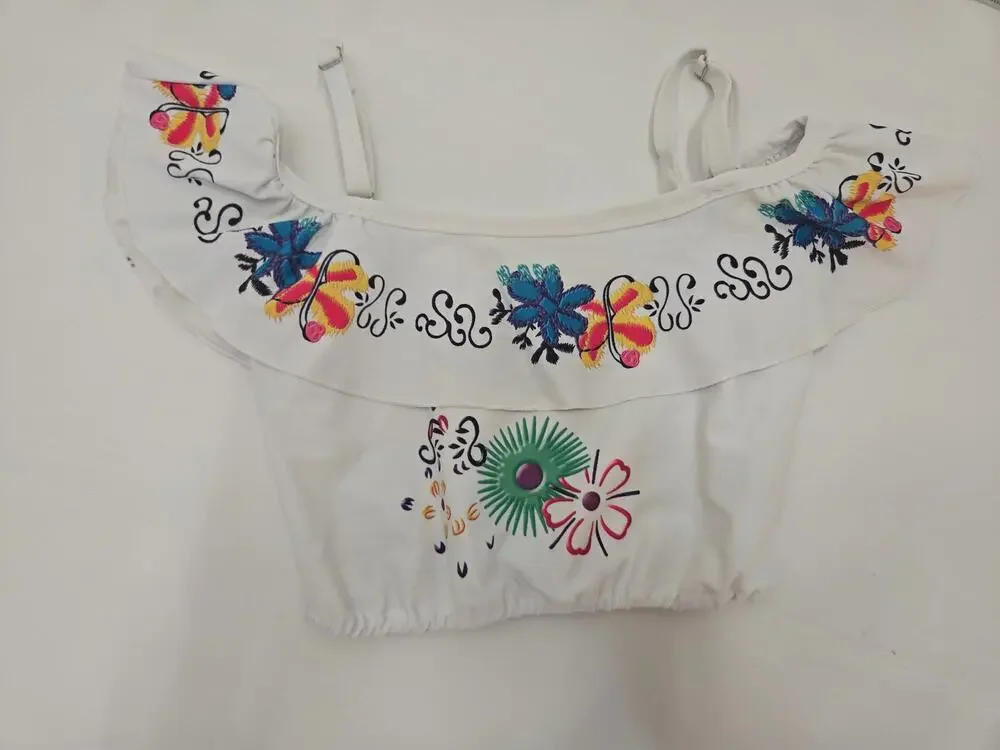 AmzBarley Girls 140 Floral Embroidered Ruffle Swimsuit Bikini Top White Kids